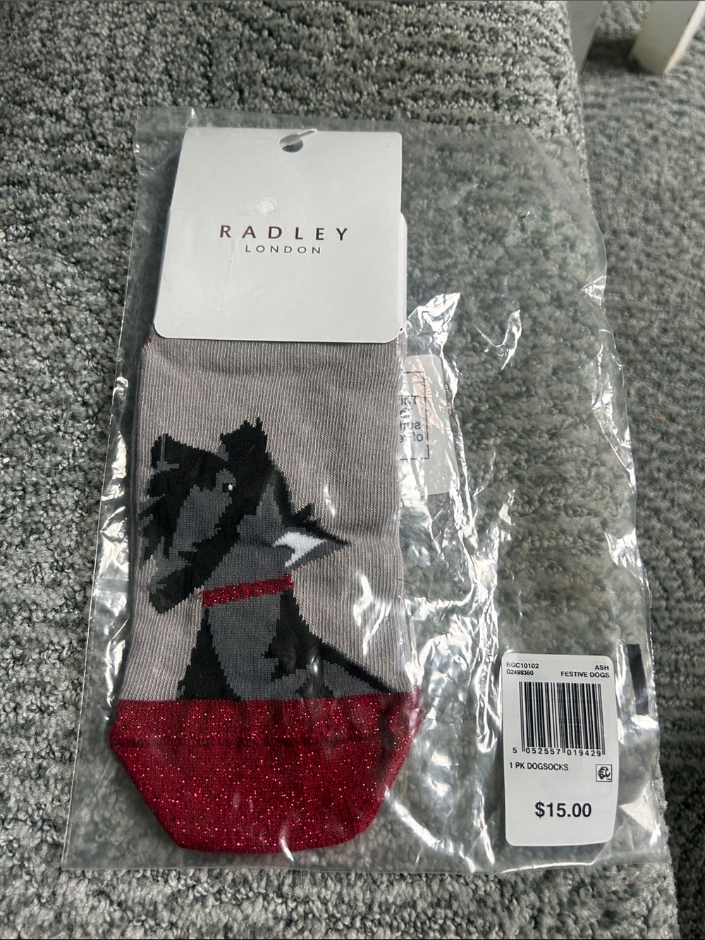 RADLEY LONDON Grey Socks with Black Dog Motif and Red Glitter Toe